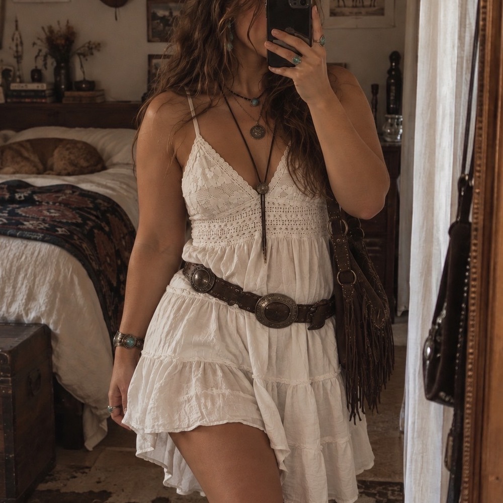 Blanco White Cotton Crochet Tiered Mini Dress Western Cottage Core Large
